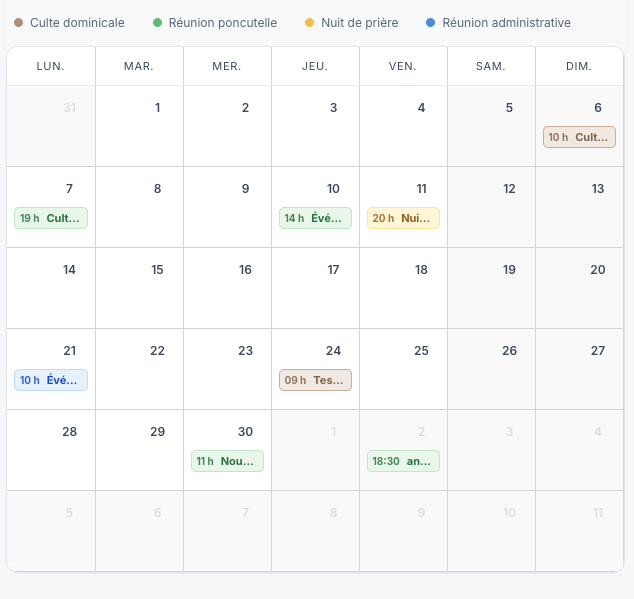 Capture du module Agenda evischurch
